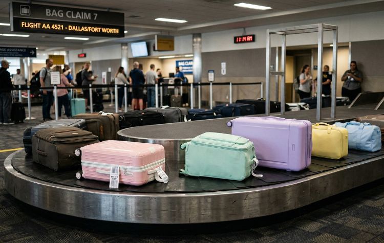 Pastel luggage at baggage claim