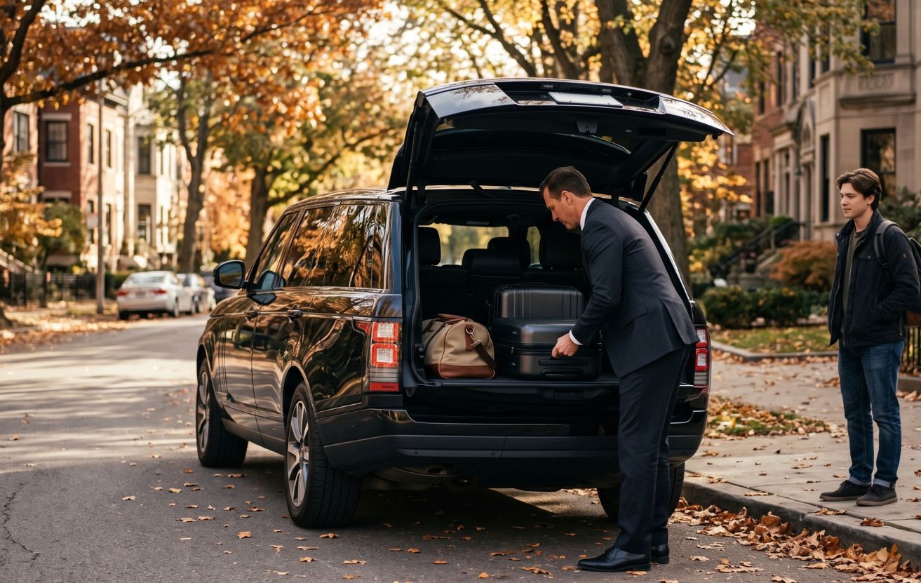 Professional chauffeur loading suitcases into the trunk of a black SUV